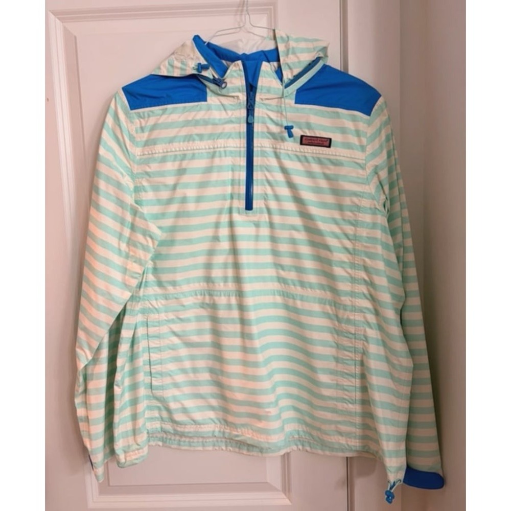 Vineyard Vines Stripe 1/4 Zip Pullover Rain Jacket Windbreaker Blue Women XL